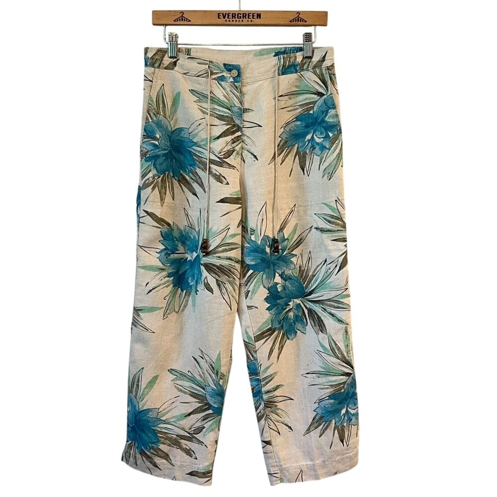 VTG Hibiscus Beach Pants 100% Linen High-Rise Jones New York Women's Size 10
